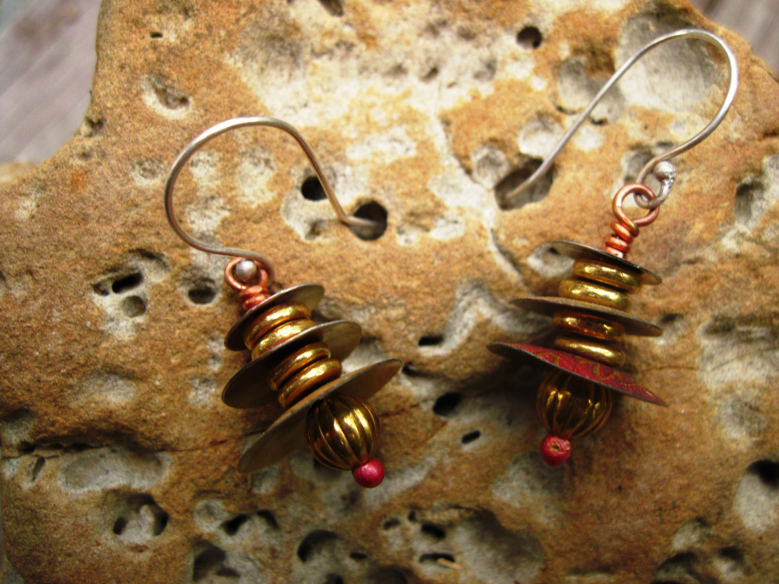 Recycled tin Asian inspired dangle earring with brass and copper