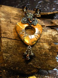 Brown jasper swirling pendant with a sterling and tigereye beaded chain