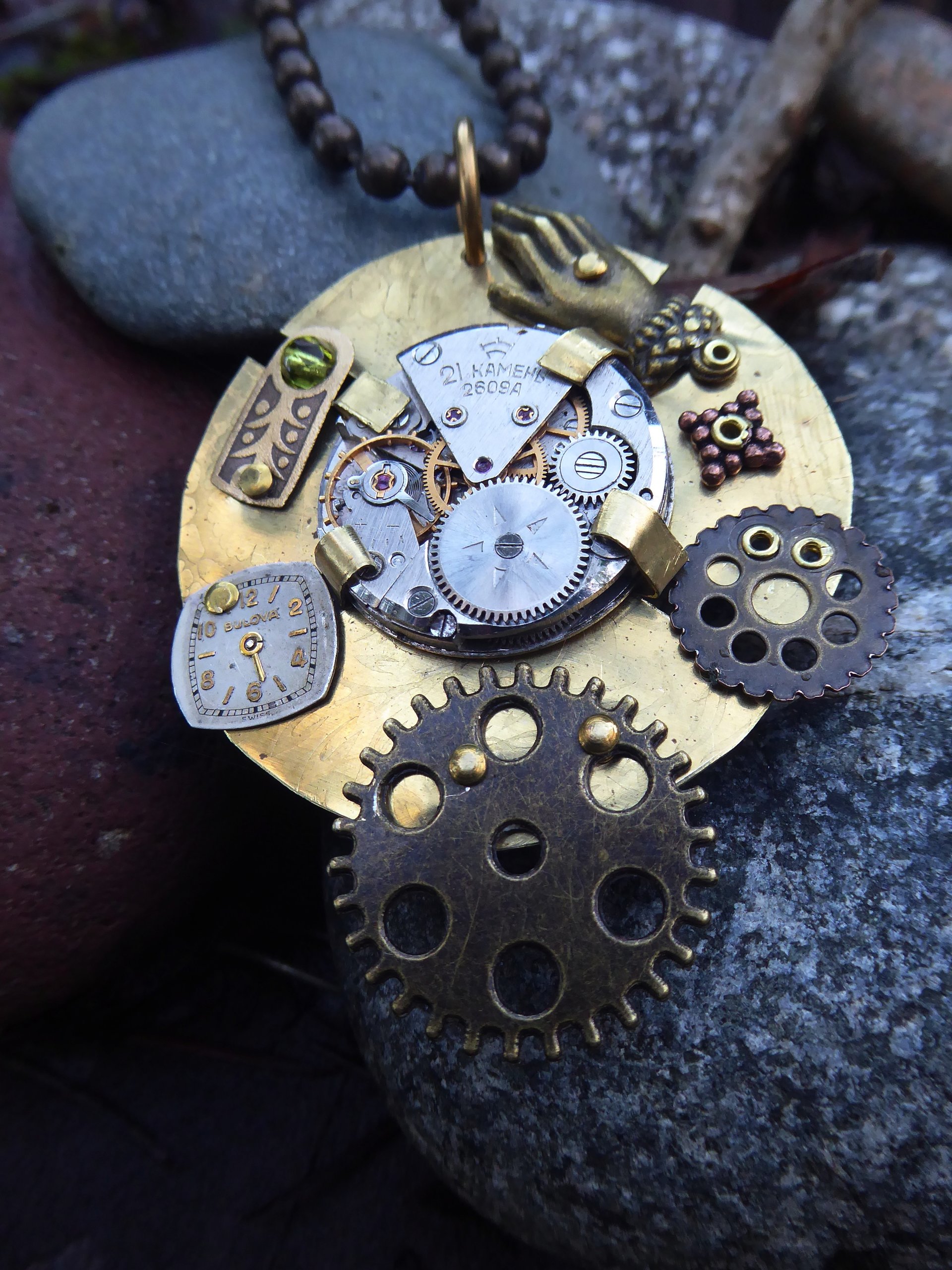 Mixed metal steampunk watchwork gear pendant