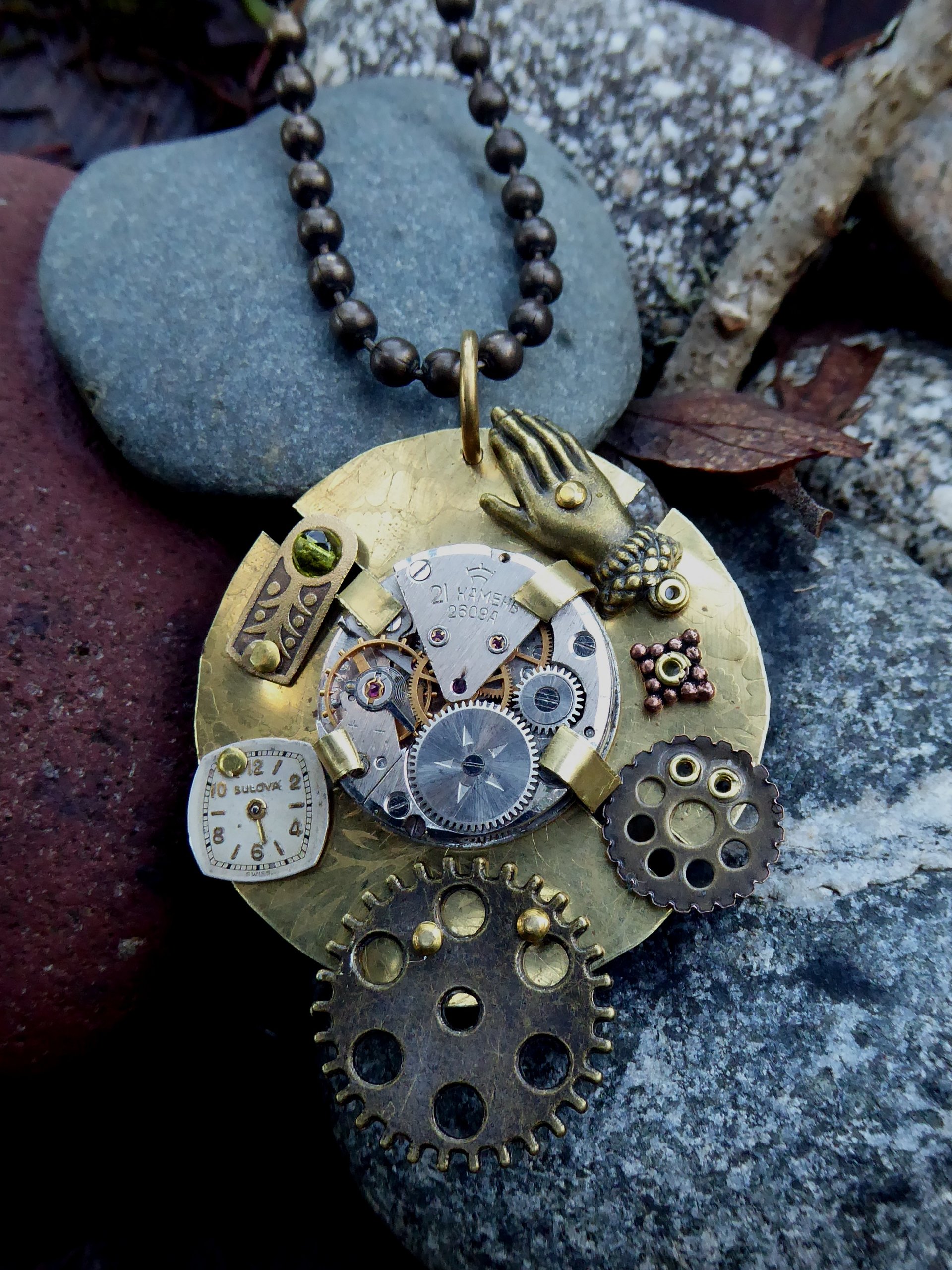 Mixed metal steampunk watchwork gear pendant
