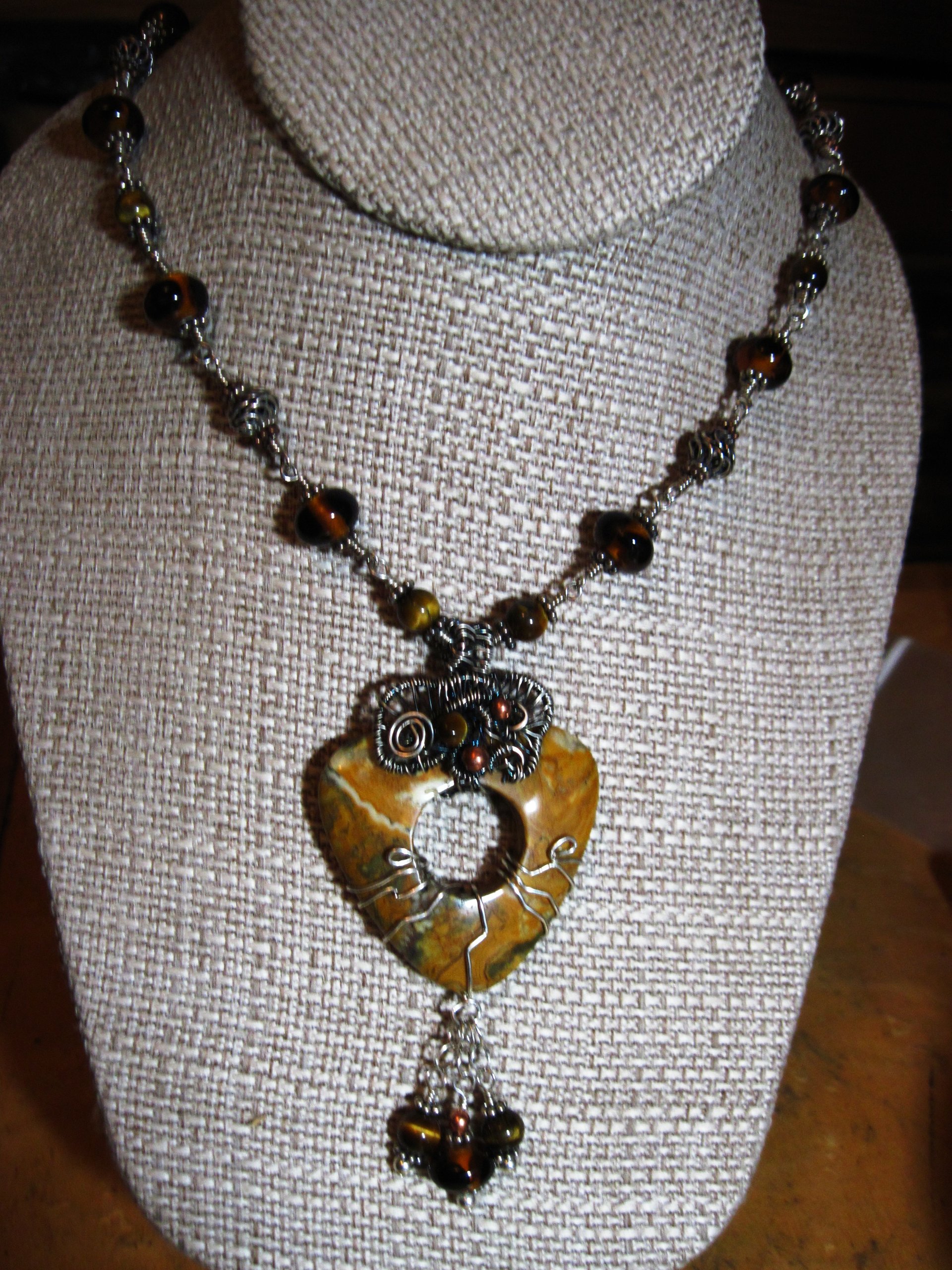 Brown jasper swirling pendant with a sterling and tigereye beaded chain