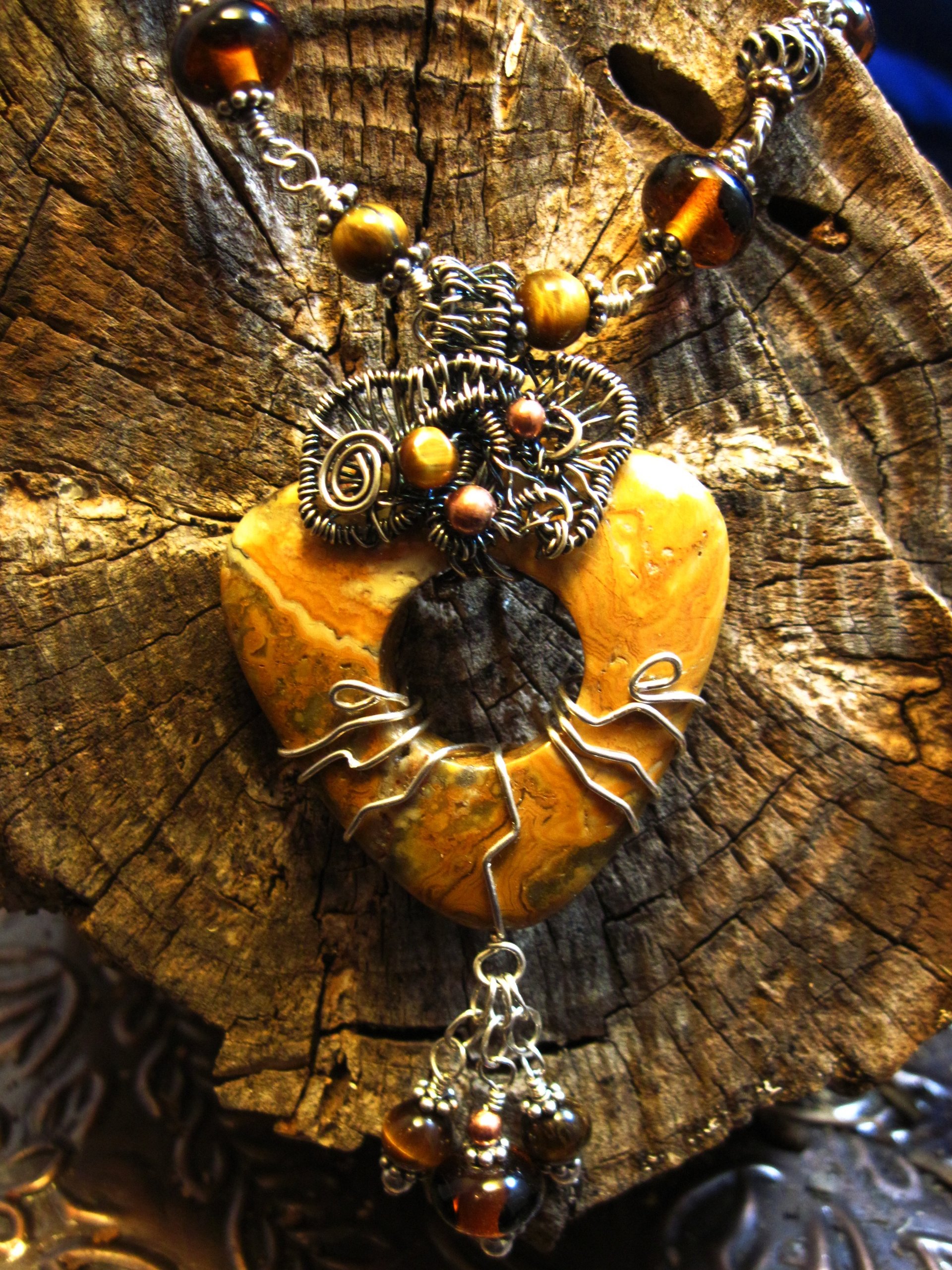 Brown jasper swirling pendant with a sterling and tigereye beaded chain