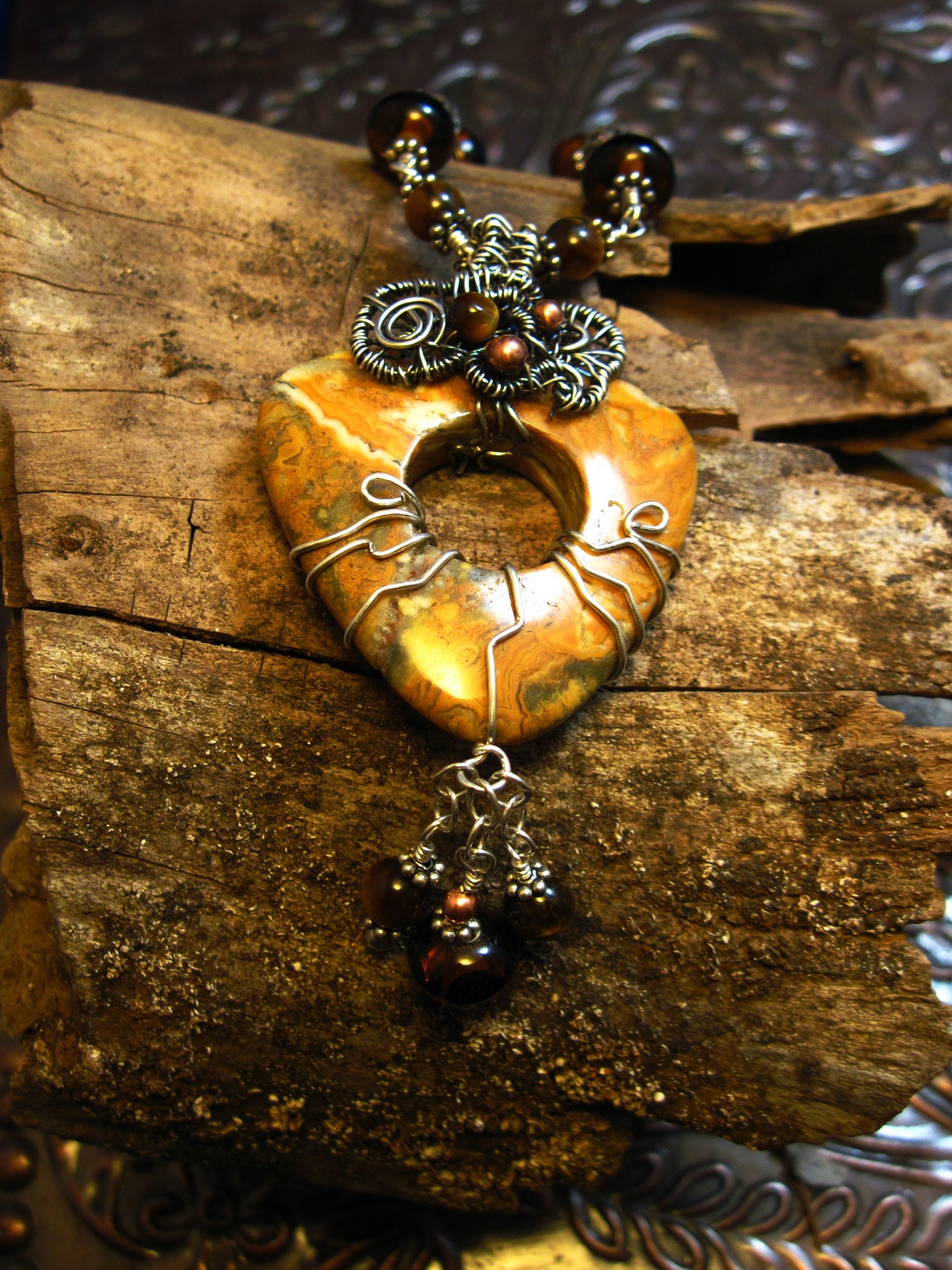Brown jasper swirling pendant with a sterling and tigereye beaded chain