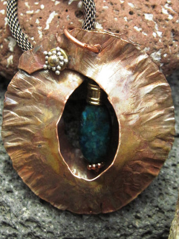 Fold form tribal pendant with azurite with malachite gemstone
