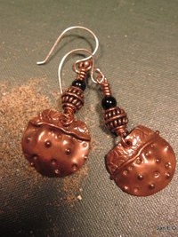 Copper fold form tribal black onyx dangle earrings
