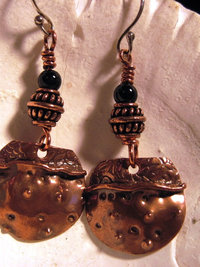 Copper fold form tribal black onyx dangle earrings