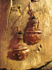 Copper fold form tribal black onyx dangle earrings