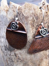 Tribal copper forged foldform boho gypsy hippie dangle mix matched earrings