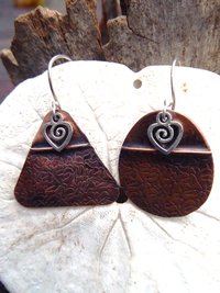 Tribal copper forged foldform boho gypsy hippie dangle mix matched earrings