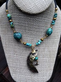 Organic, tribal fold form turquoise gemstone bronze crescent moon pendant with t