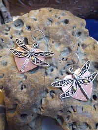 Mixed metal dangle dragonfly earrings with a copper heart