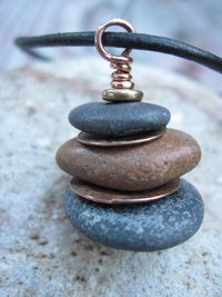 Beach stone stacked rock with copper Om rock cairn zen pendant