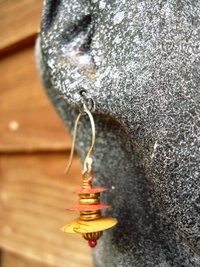 Recycled tin Asian inspired dangle earring with brass and copper
