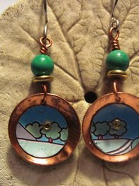 Recycled tin copper dangle earrings with turquoise bead