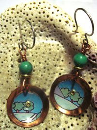 Recycled tin copper dangle earrings with turquoise bead