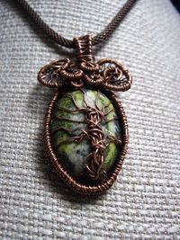 Copper wire woven tree of life stone pendant