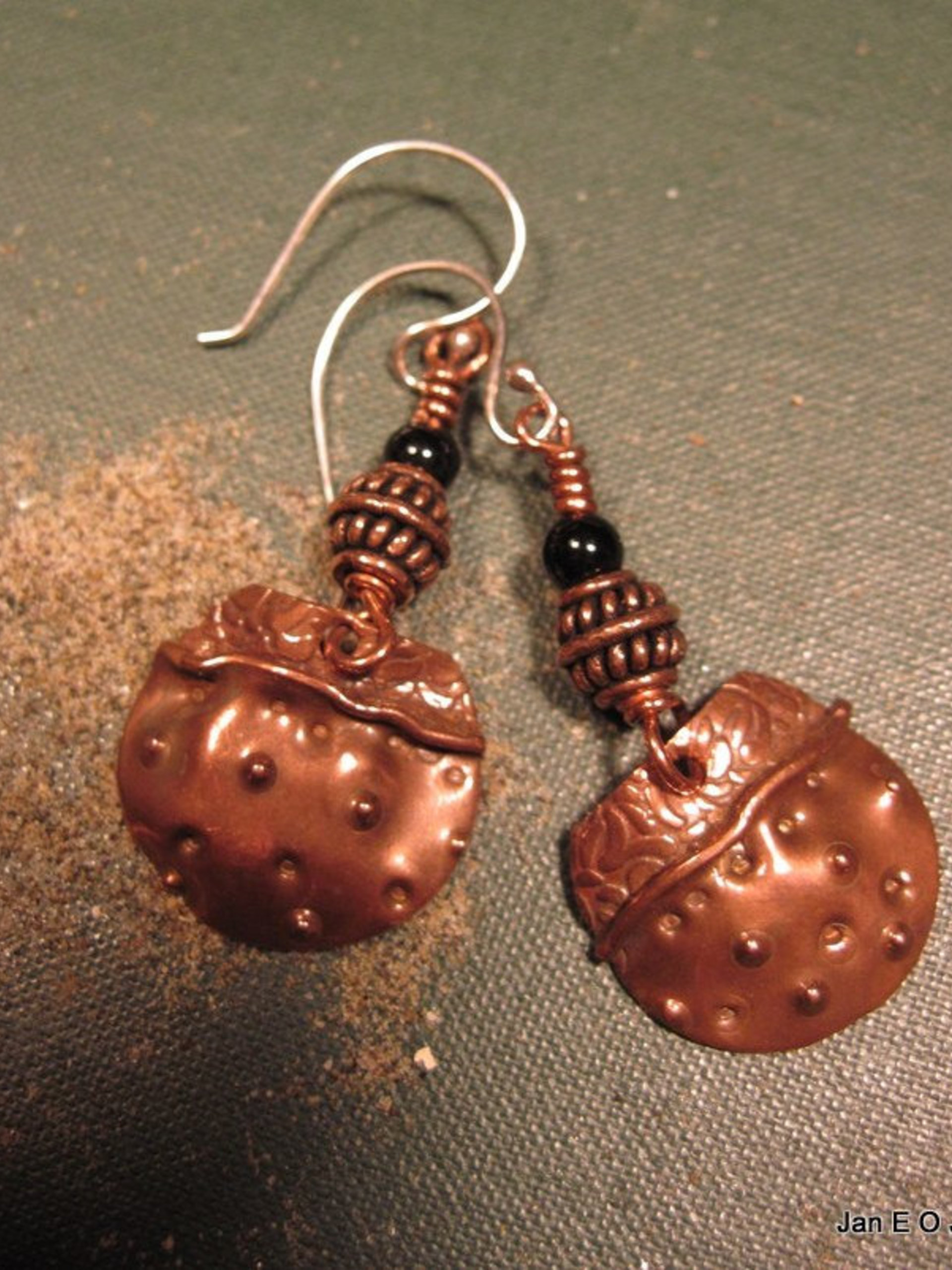 Copper fold form tribal black onyx dangle earrings