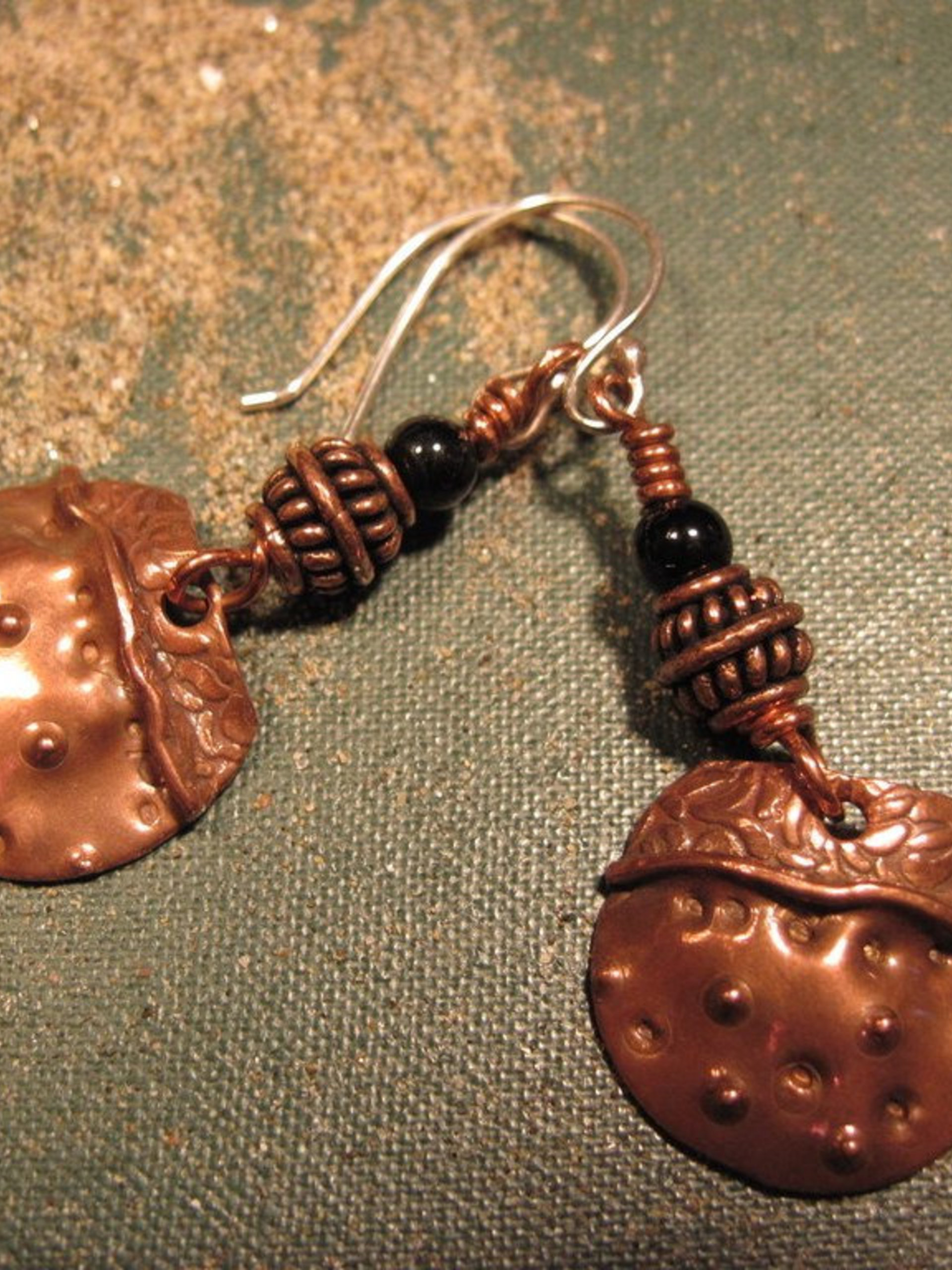 Copper fold form tribal black onyx dangle earrings