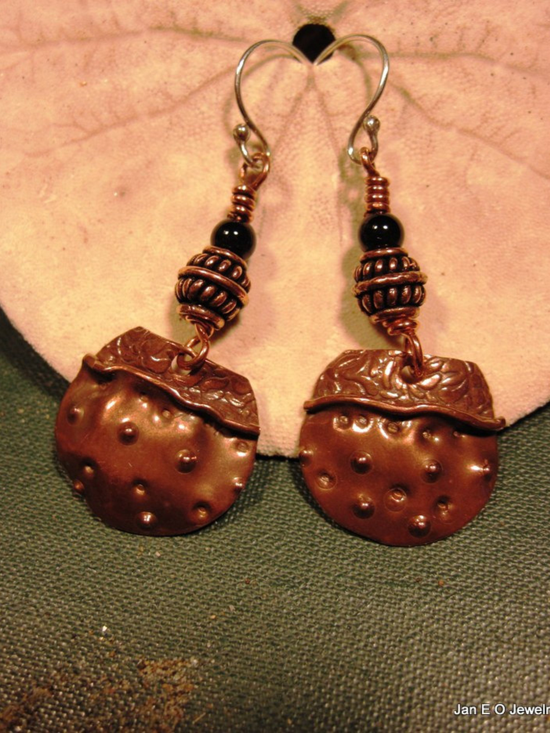 Copper fold form tribal black onyx dangle earrings