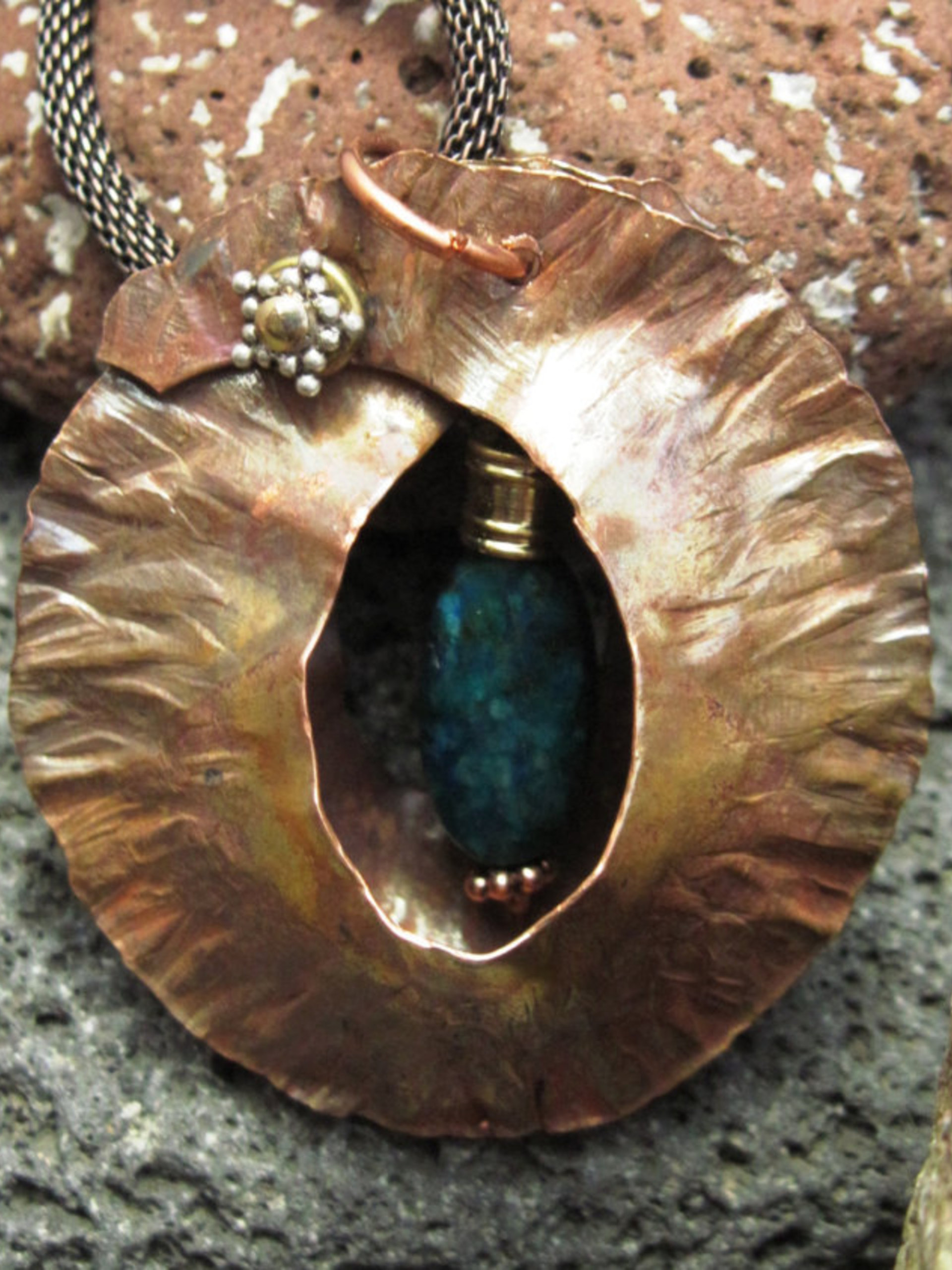 Fold form tribal pendant with azurite with malachite gemstone