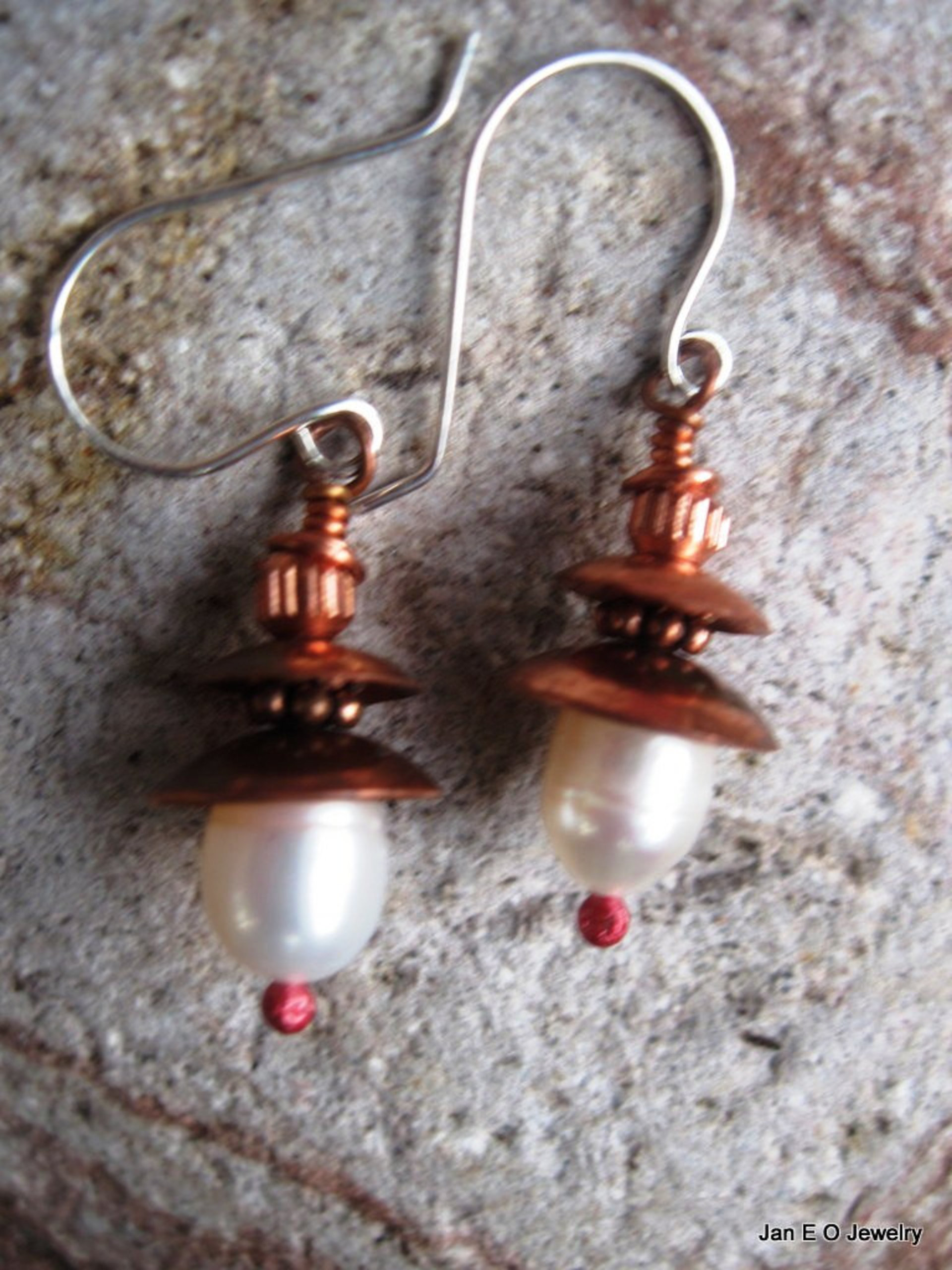 Fresh water white pearl and copper dangle earrings