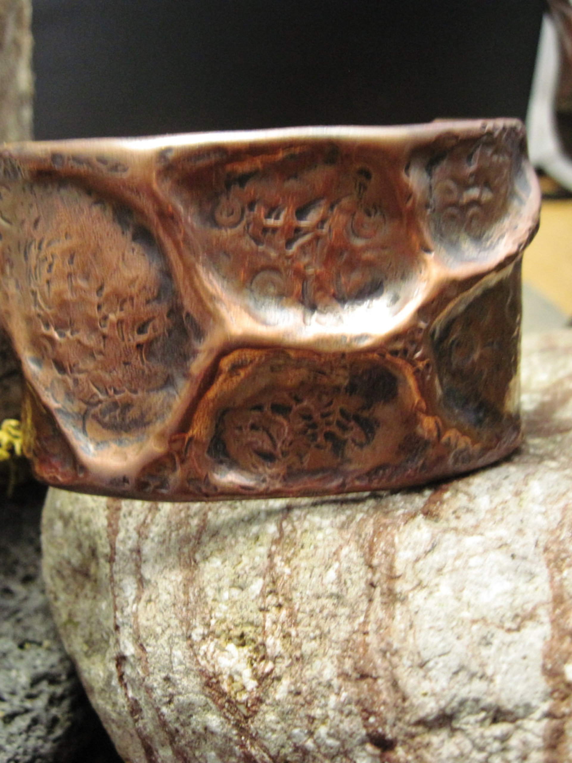 Wide Tribal Air Chased Copper Cuff Bracelet Forged
