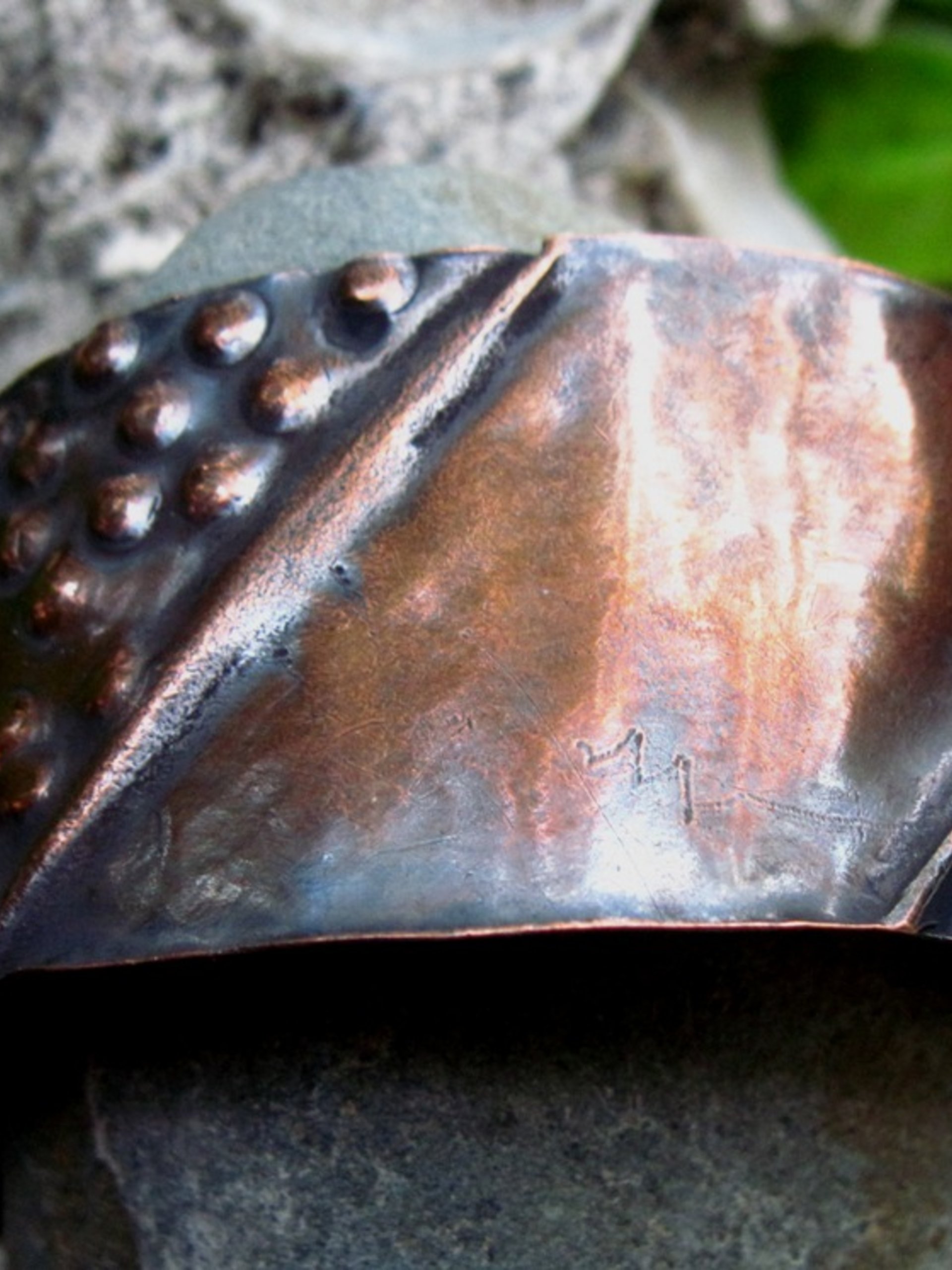 Textured copper fold form antiqued tribal cuff bracelet