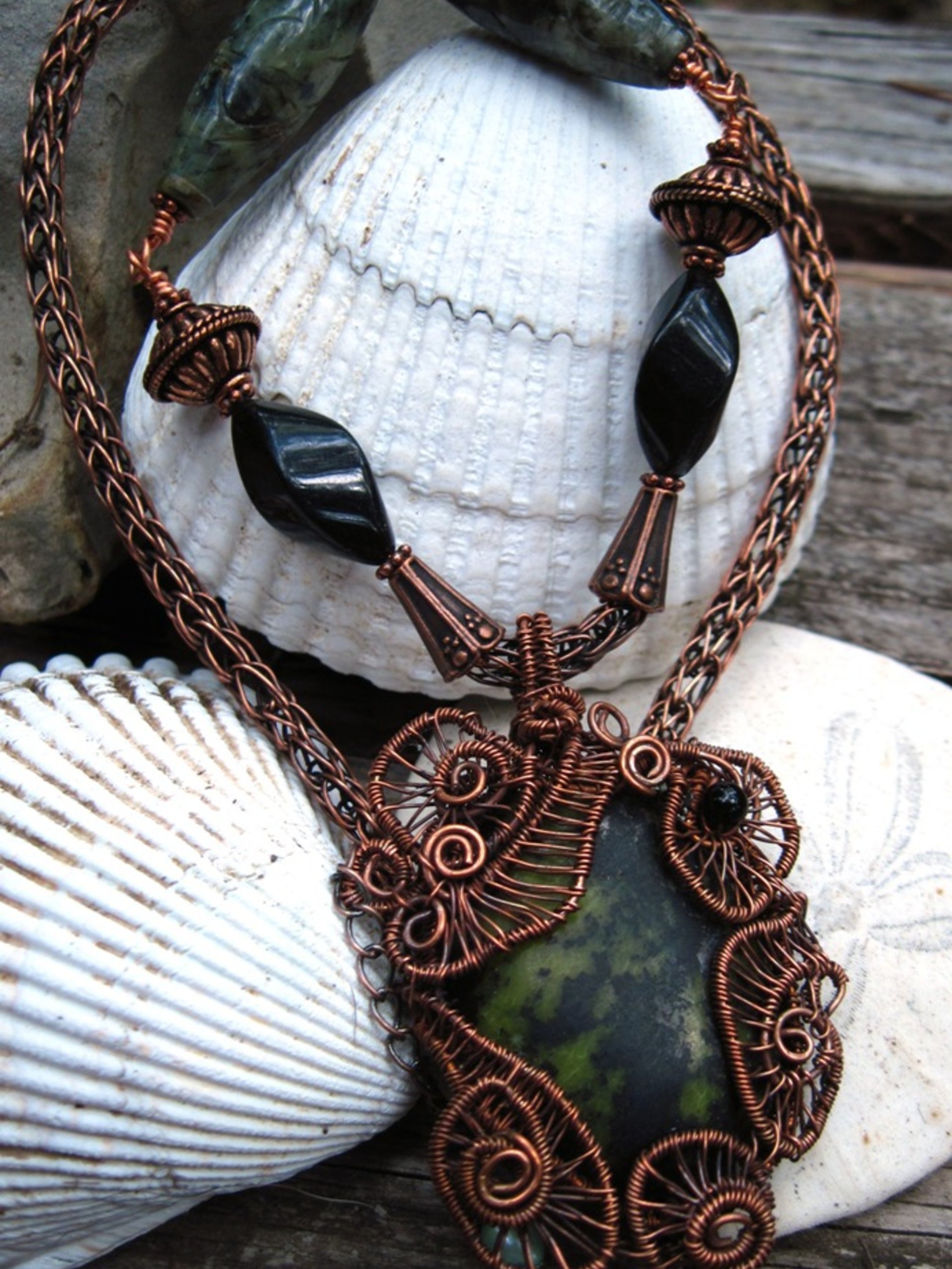 Green and Black Epidote Cabochon copper wire weave pendant with onyx and viking