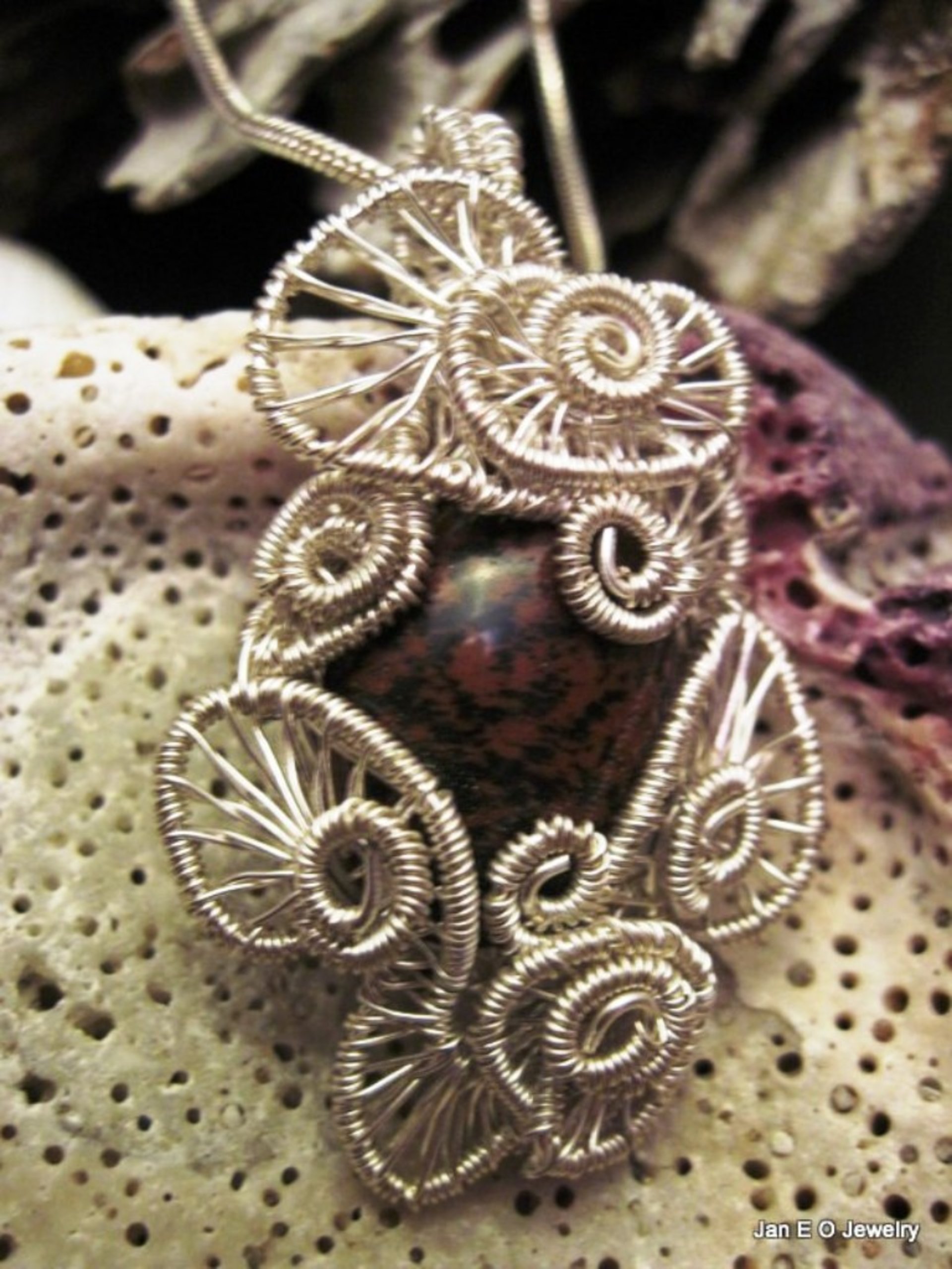 Handmade wire wrap Jasper gemstone cabochon pendant one of a kind jewelry
