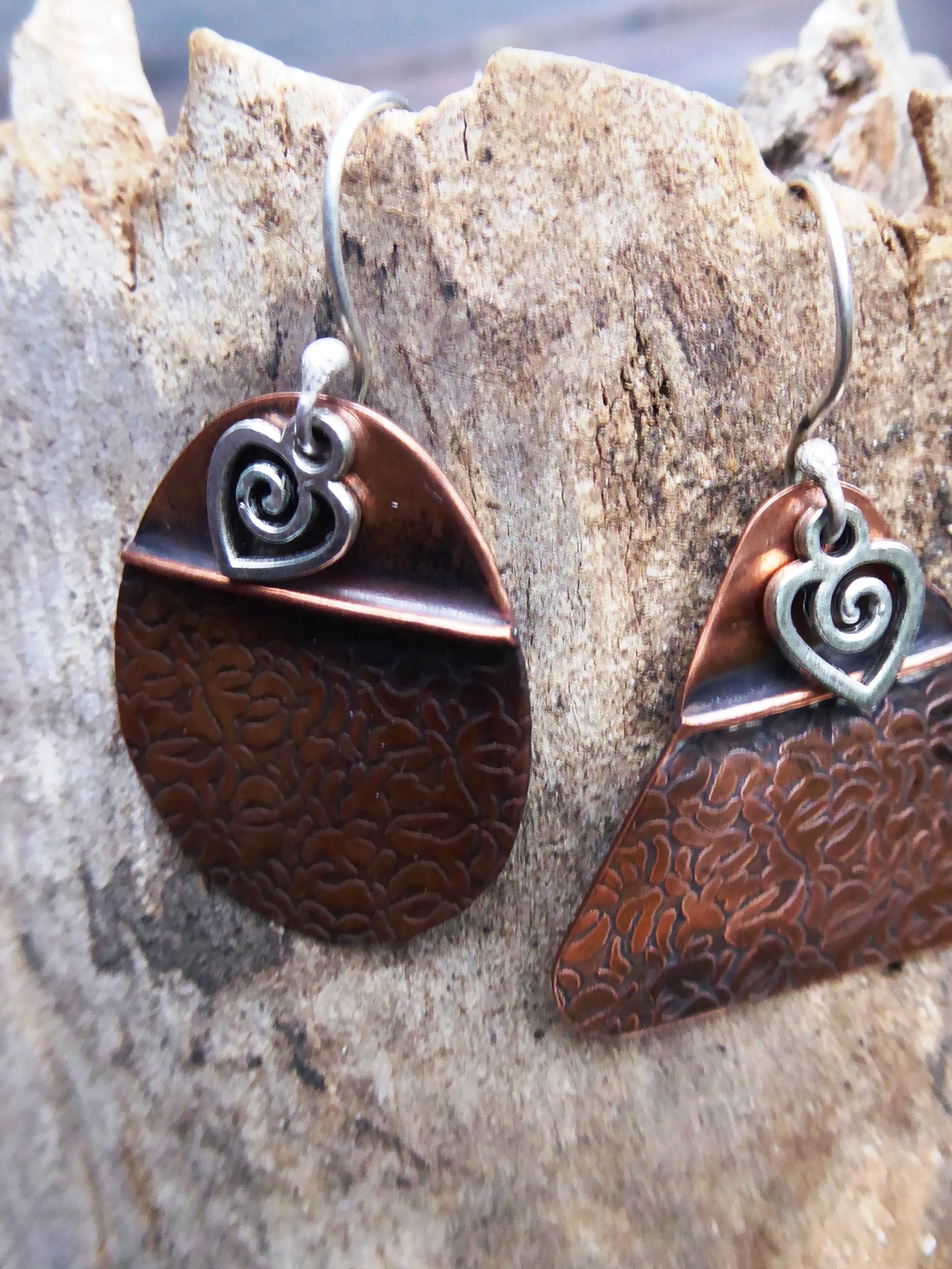 Tribal copper forged foldform boho gypsy hippie dangle mix matched earrings