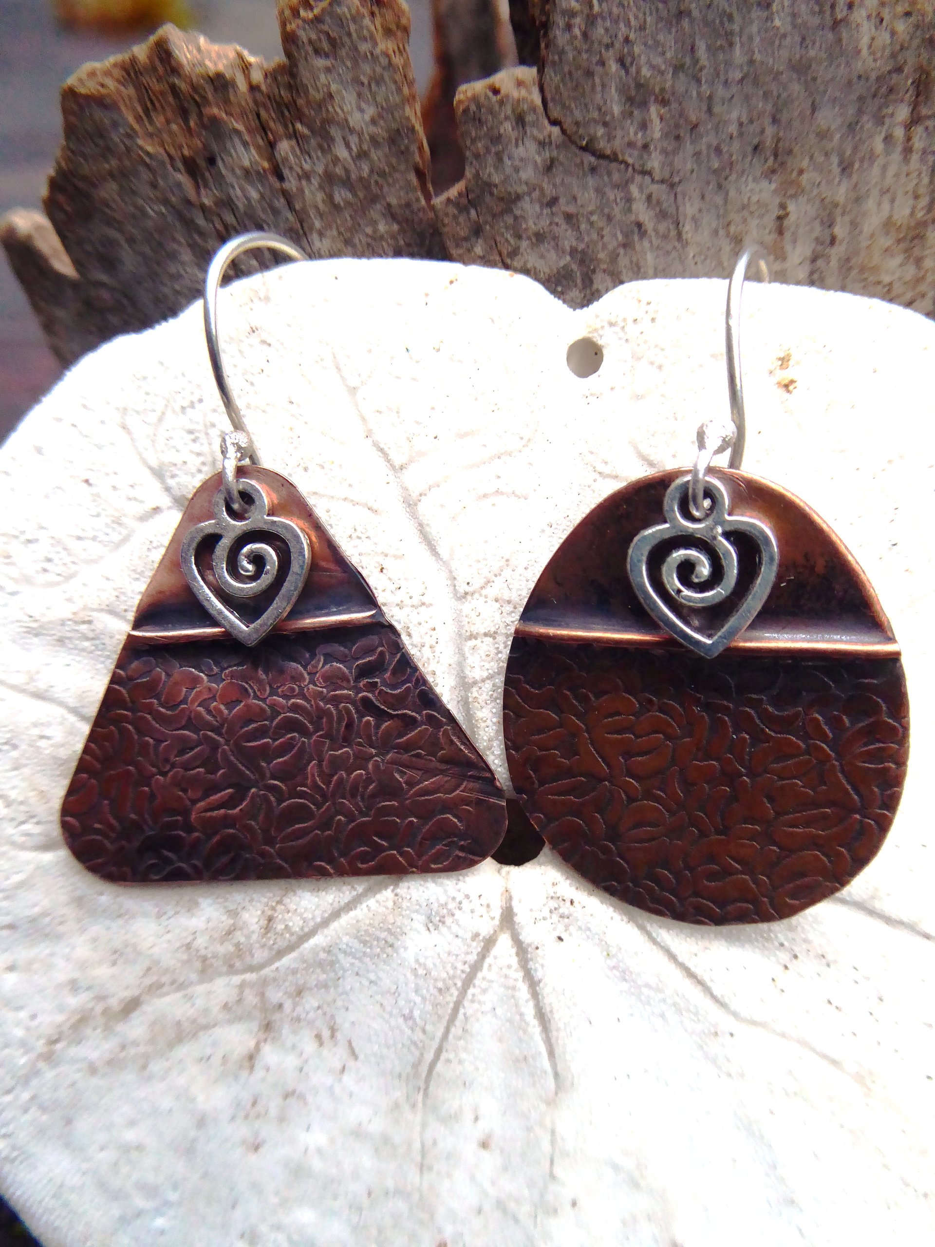 Tribal copper forged foldform boho gypsy hippie dangle mix matched earrings