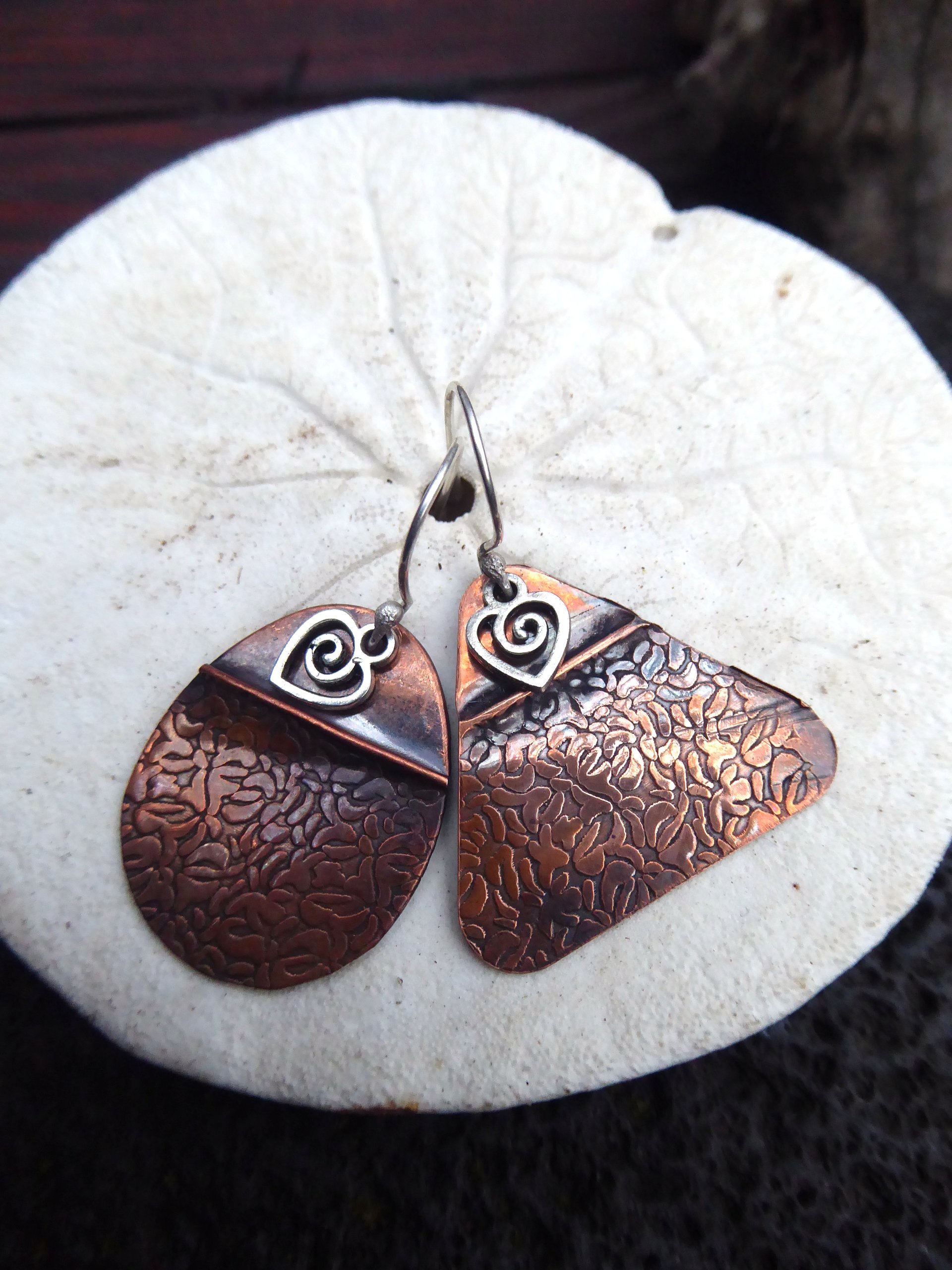 Tribal copper forged foldform boho gypsy hippie dangle mix matched earrings