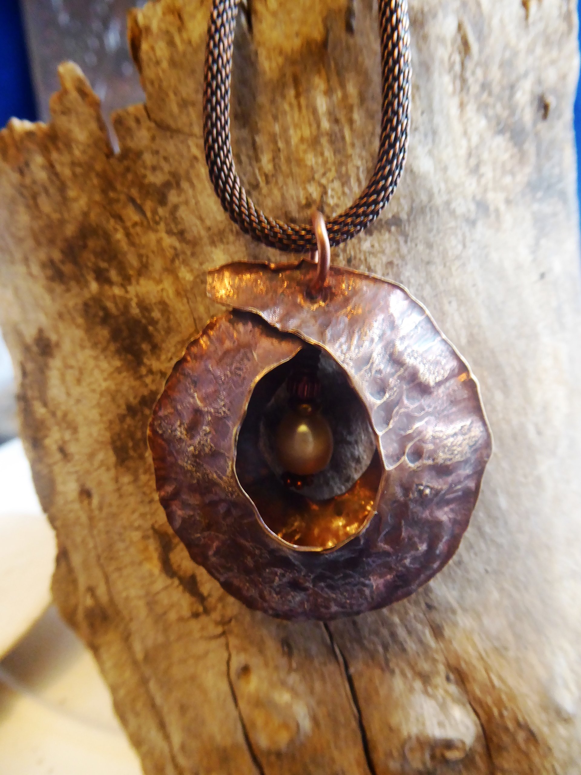Freshwater pearl and Copper Fold Form Cocoon Tribal Pendant