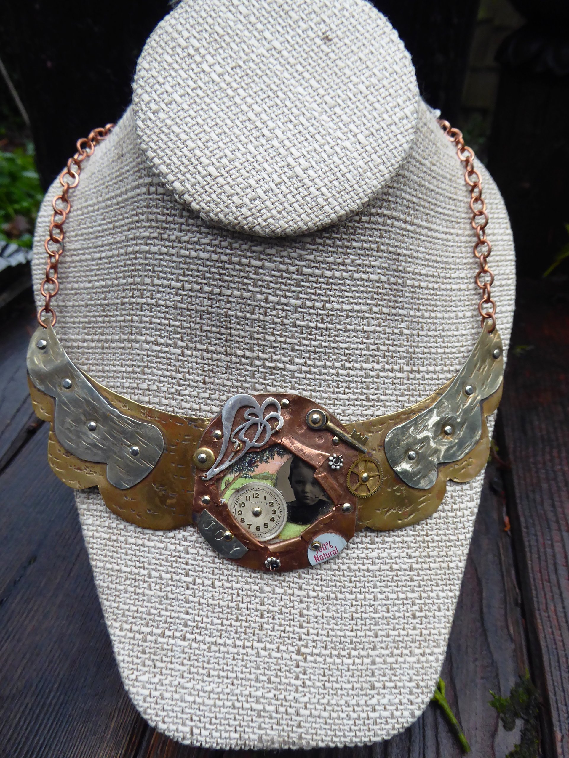 Steampunk winged mixed metal recycled breastplate neckpiece one of a kind statem