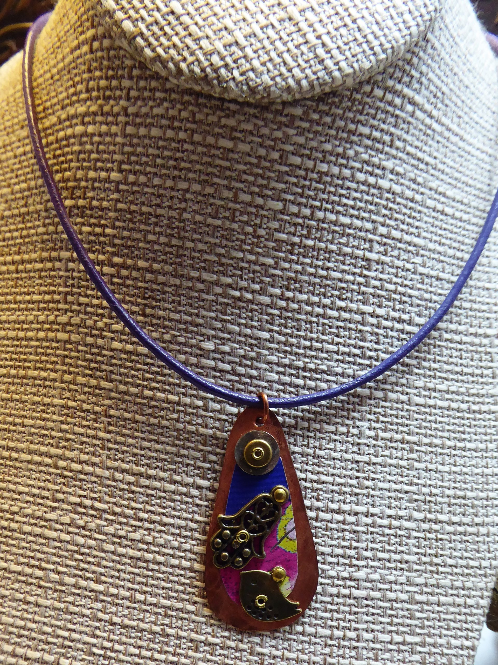 Hamsa amulet Hand of Fatima recycled tin mixed metal spiritual pendant bird in