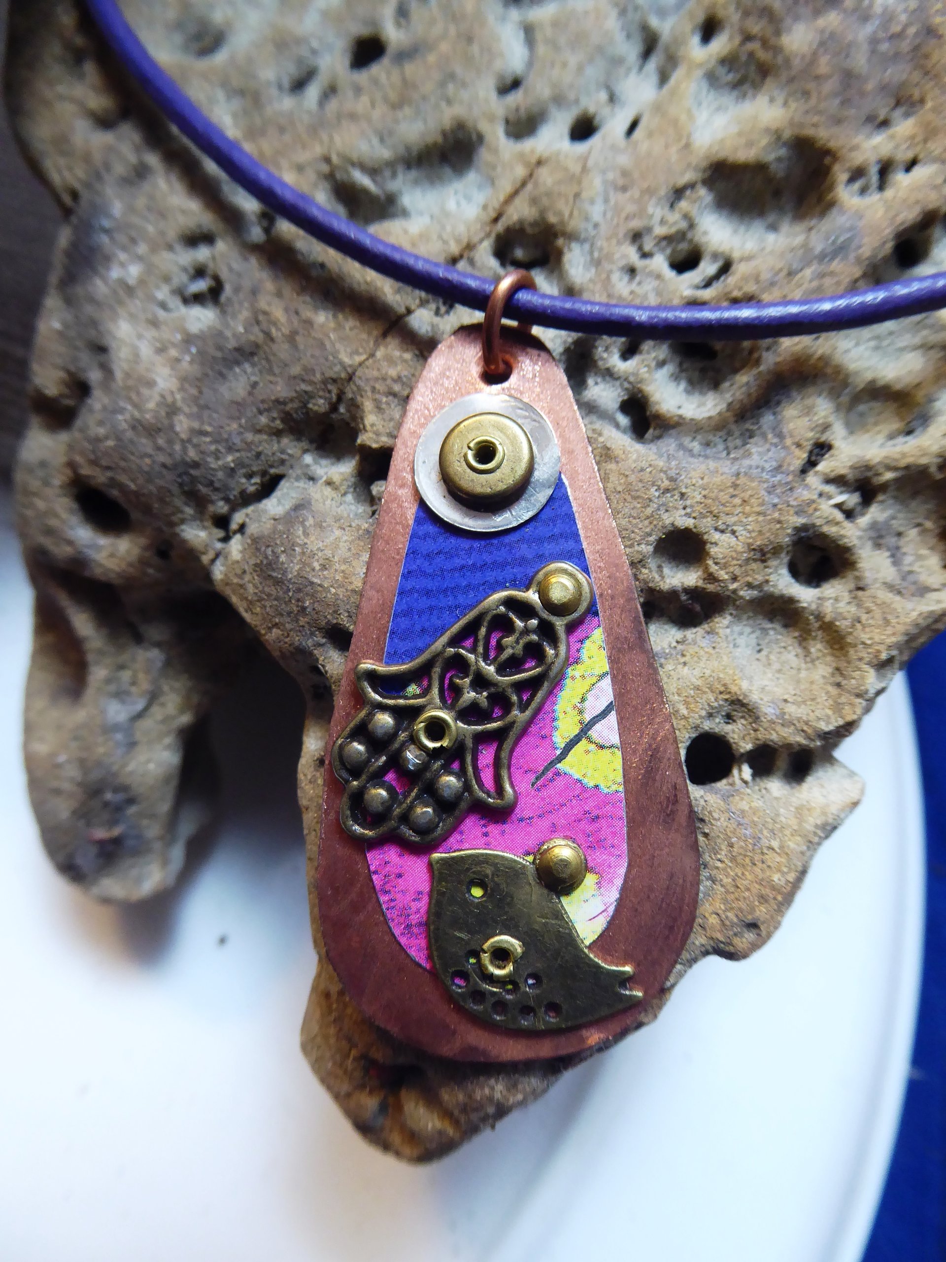 Hamsa amulet Hand of Fatima recycled tin mixed metal spiritual pendant bird in