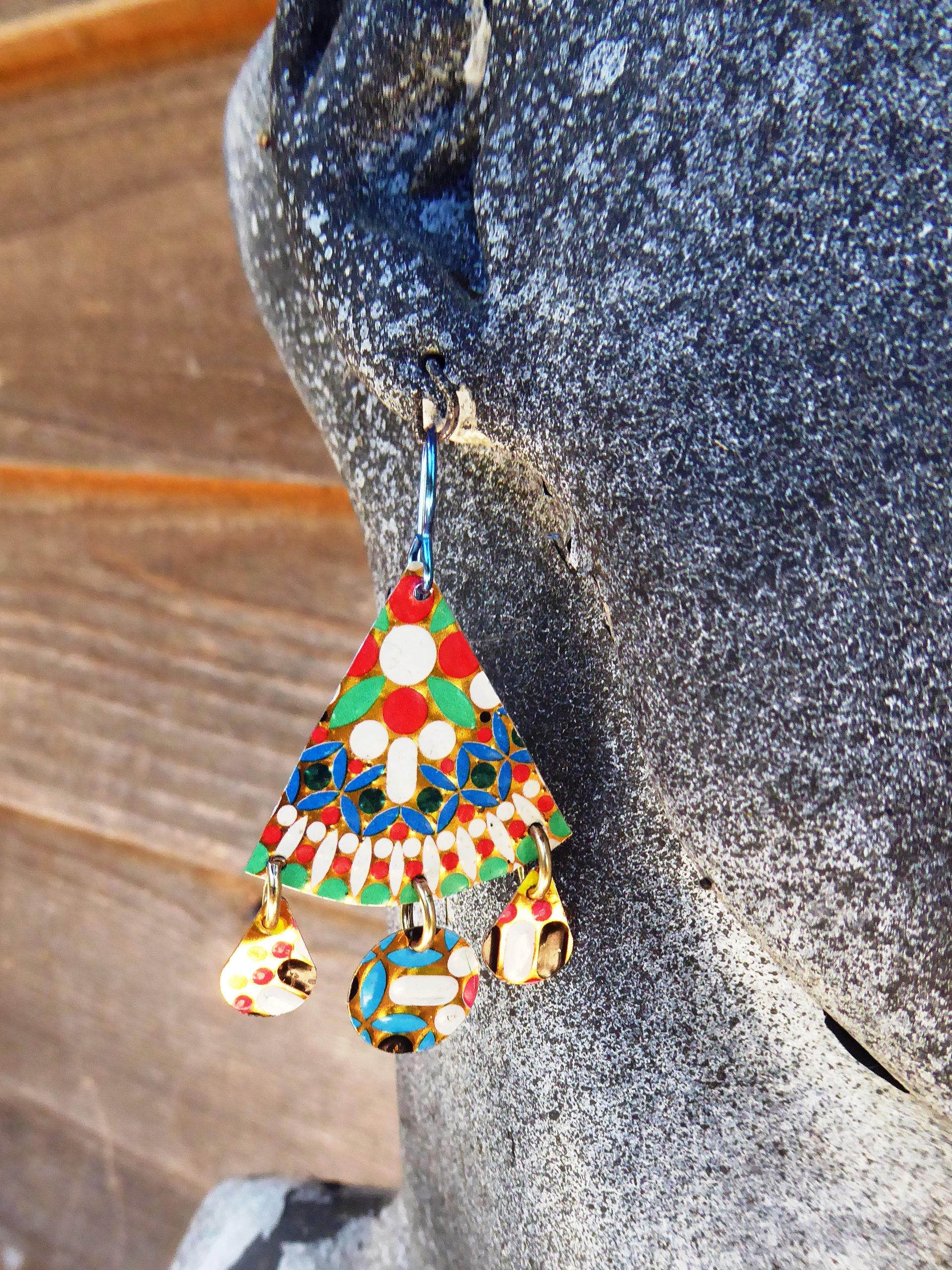 Multicolor gypsy boho recycled tin dangle earring