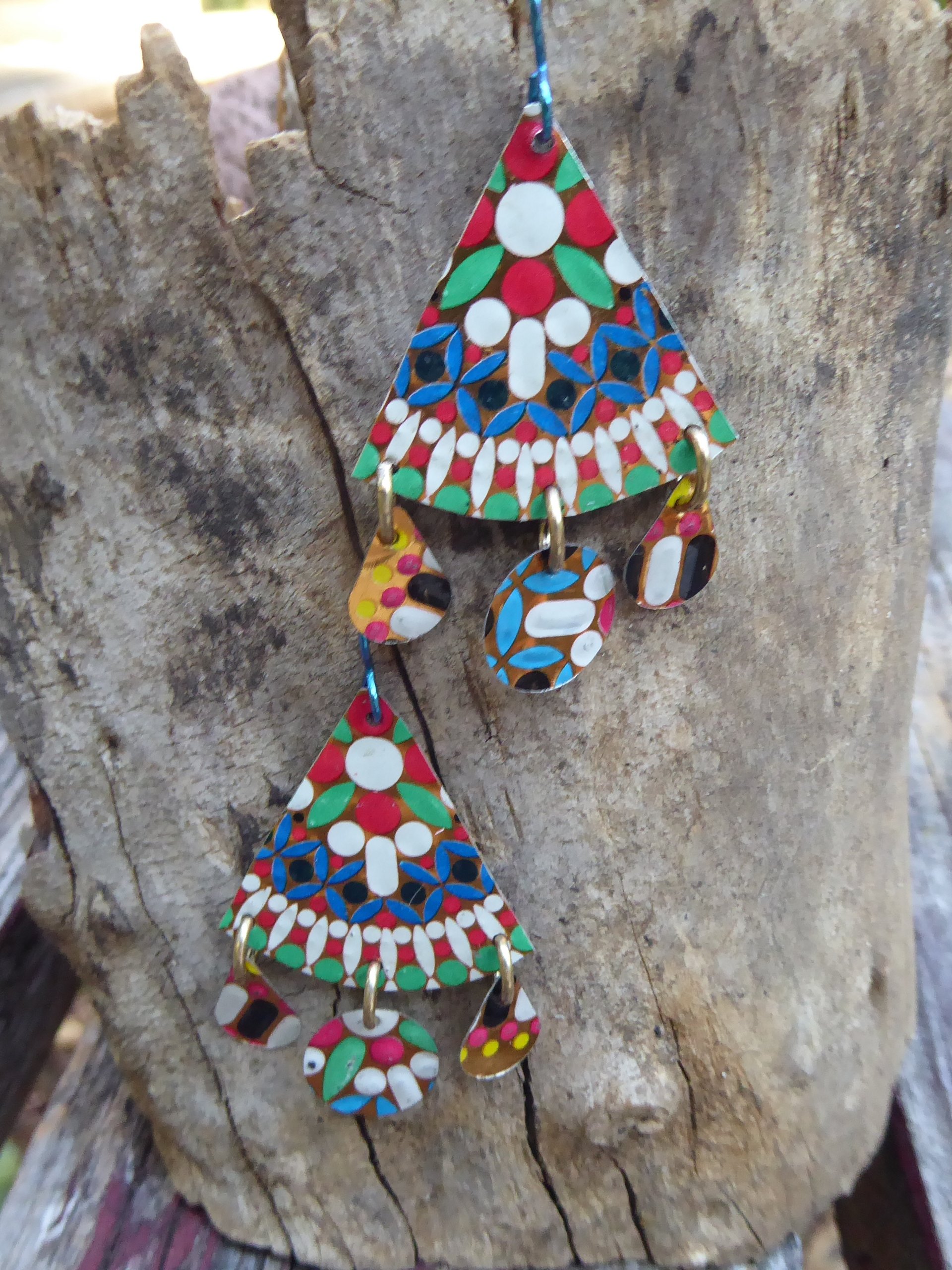 Multicolor gypsy boho recycled tin dangle earring