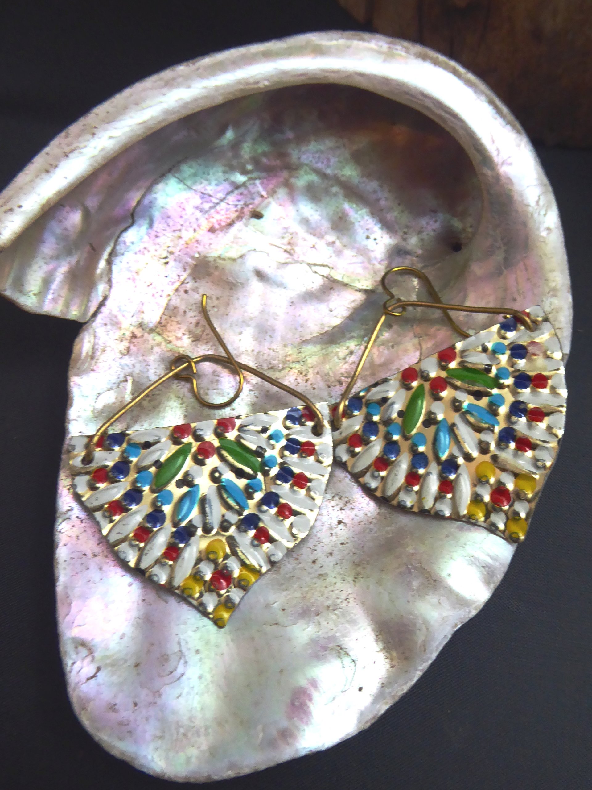 Multicolored sassy tin dangle earrings one of a kind