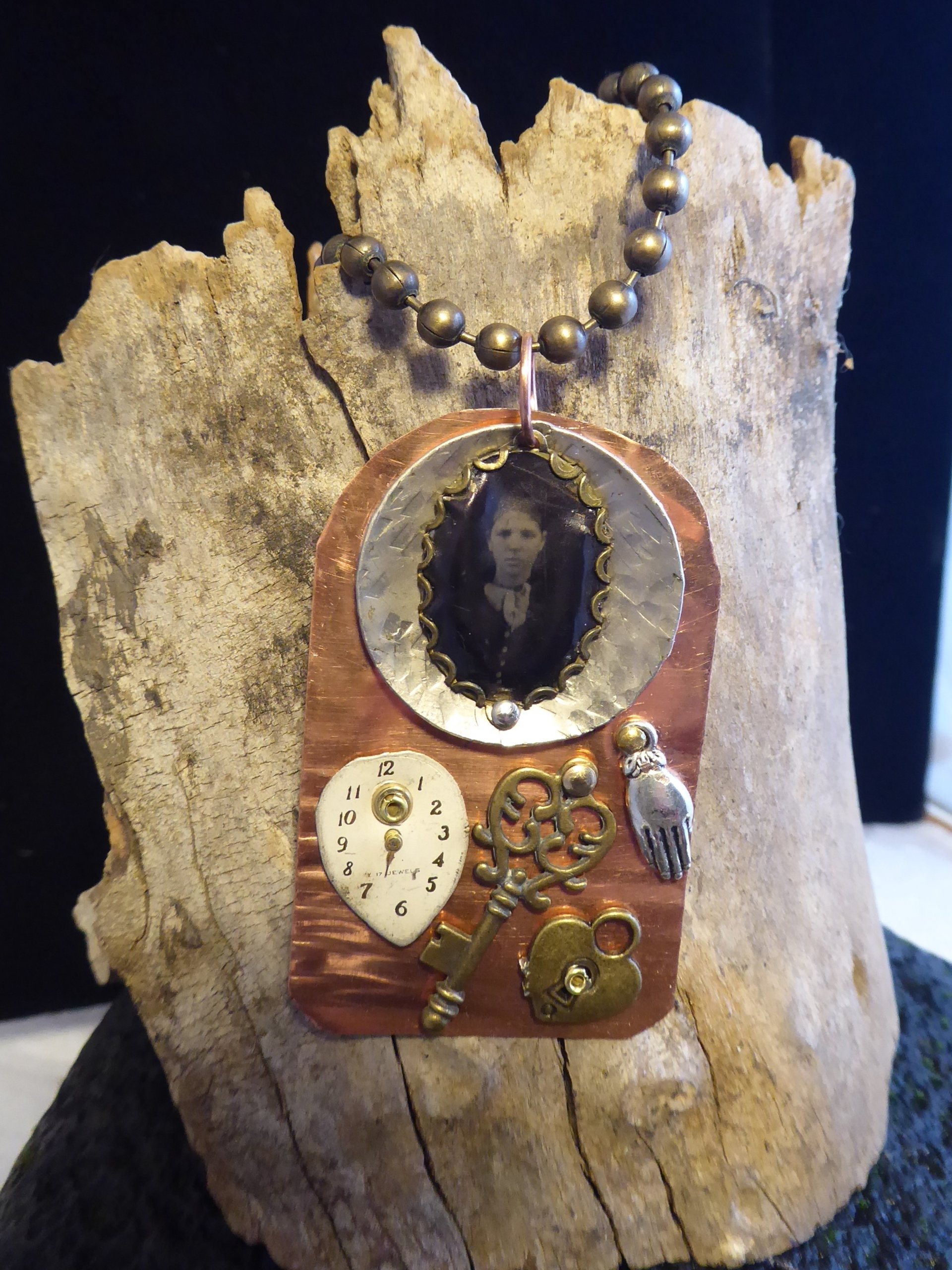 Mixed metals steampunk copper pendant with old tintype photo and charms