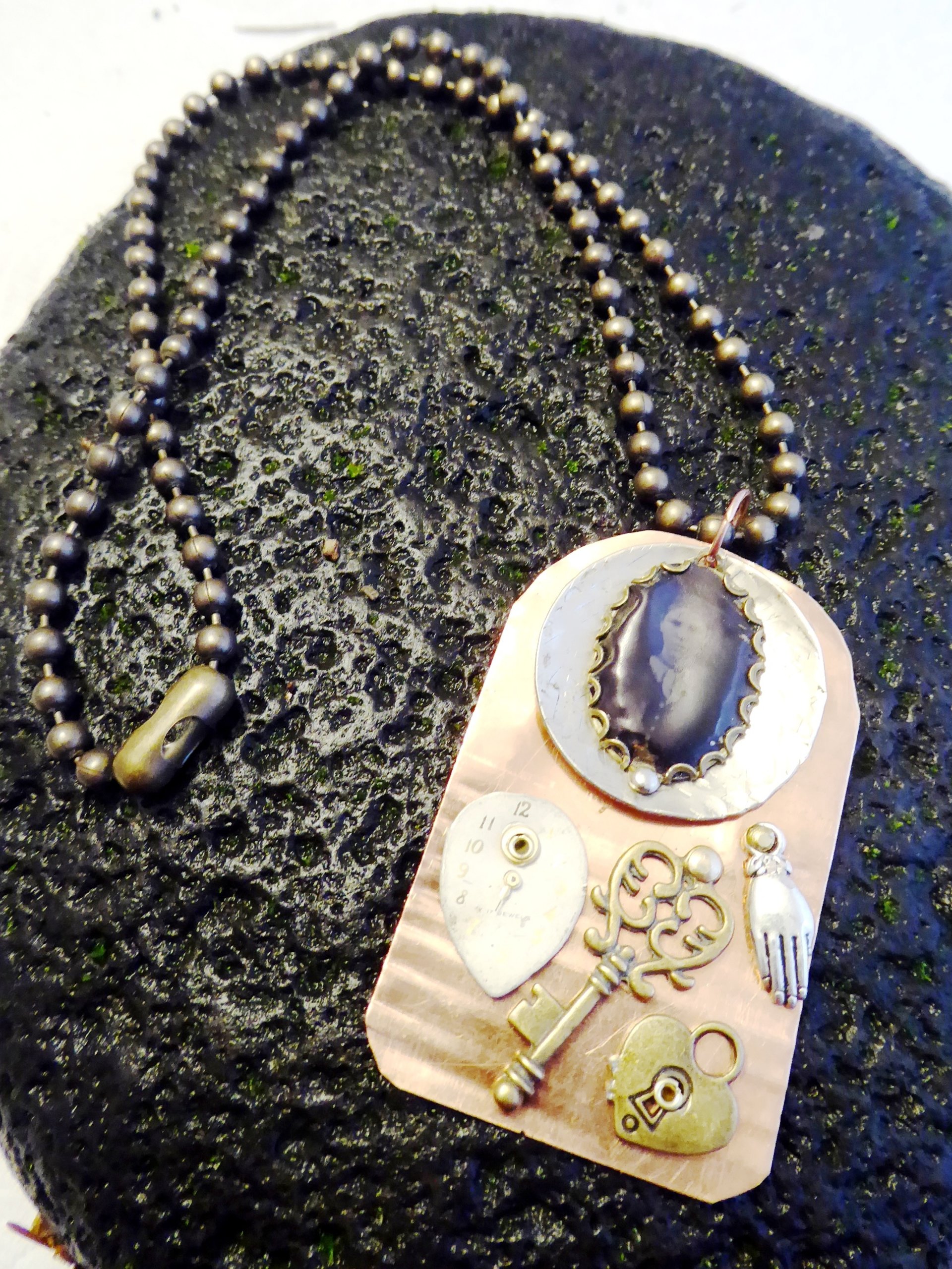 Mixed metals steampunk copper pendant with old tintype photo and charms