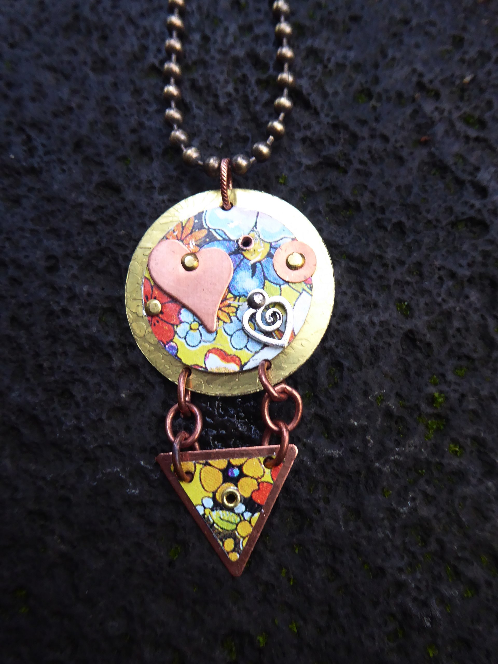 Vintage flower tin pendant heart love mixed metals