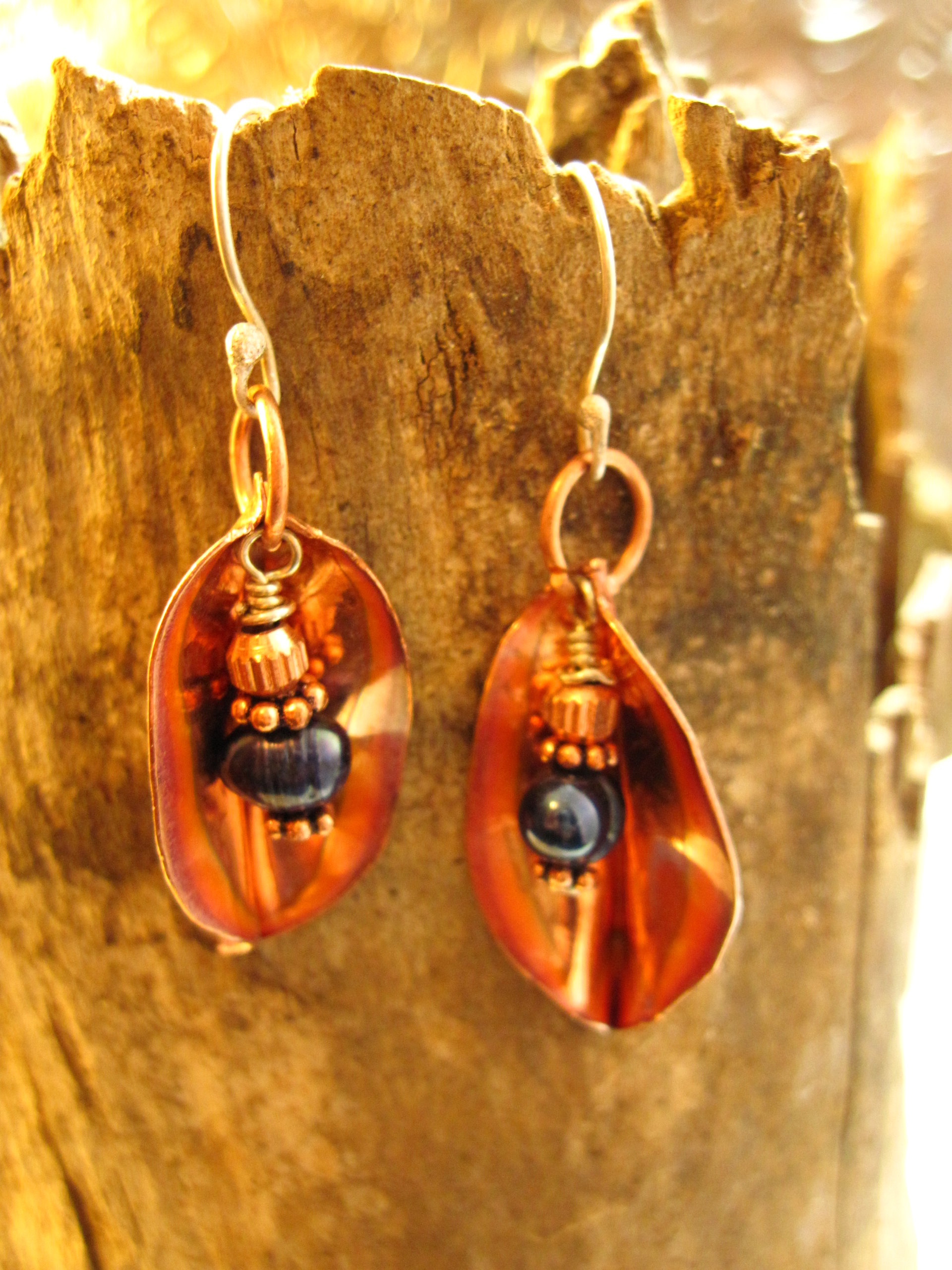 Copper foldform dangle earrings fresh water blue pearl