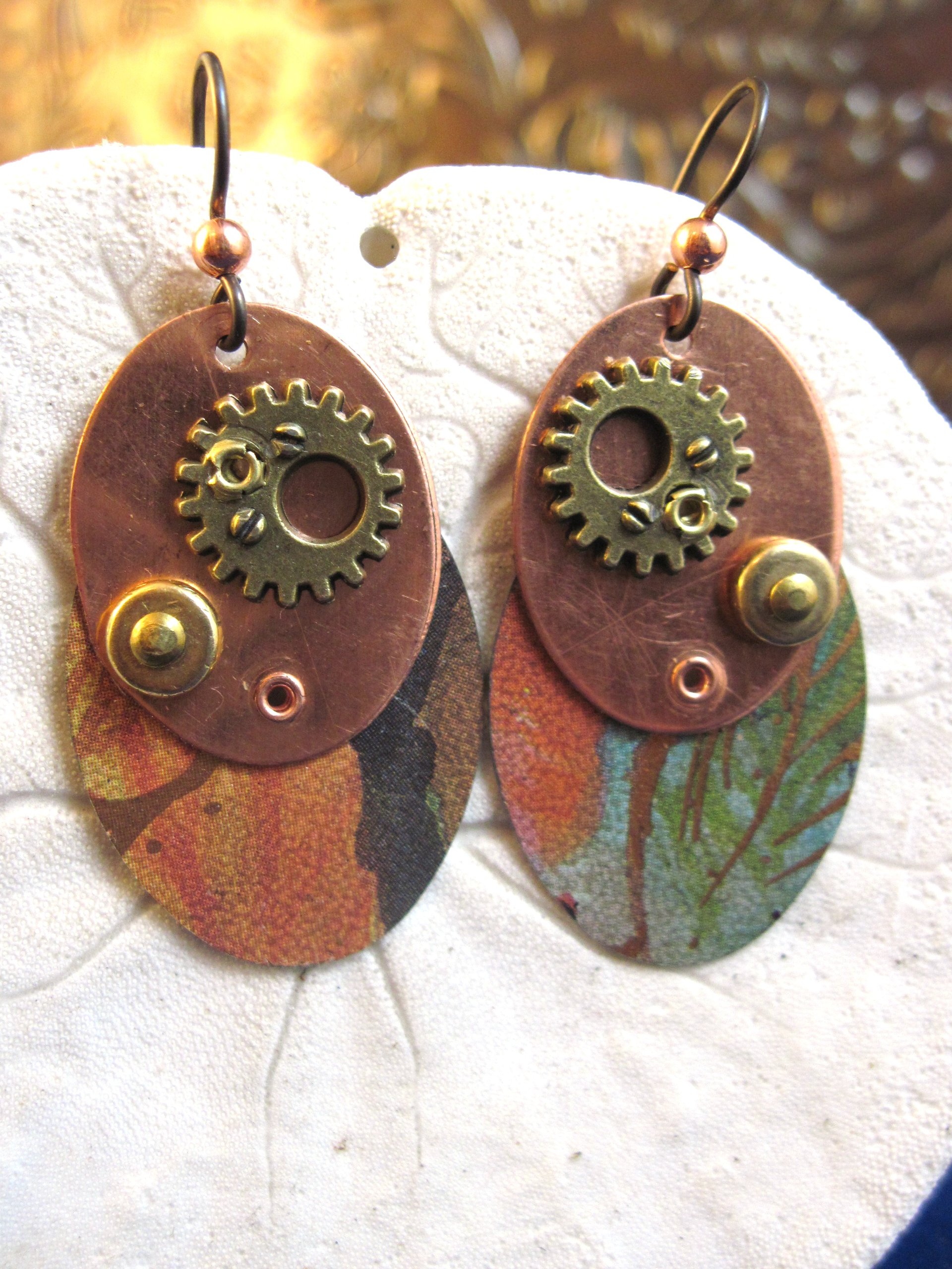 Steampunk mixed metal copper and recycled tin dangle earrings- Trashy Tinsel