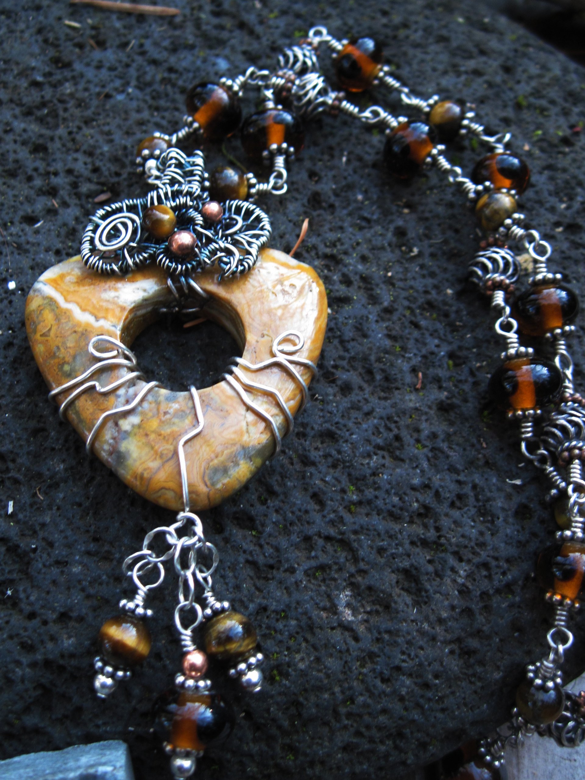 Brown jasper swirling pendant with a sterling and tigereye beaded chain