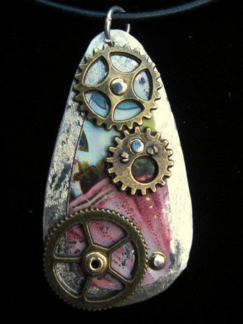 Steampunk gears and recycled vintage tin pendant