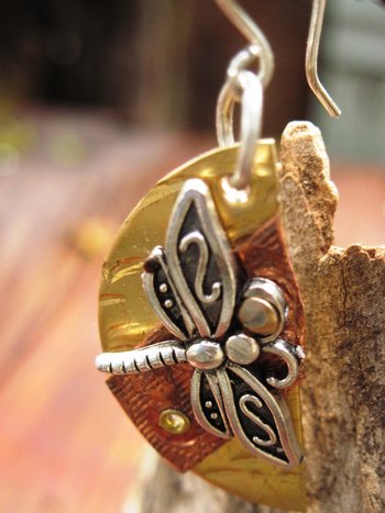 Mixed metal dragonfly half moon dangle earrings