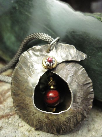 Fold form jasper gemstone and German silver cocoon pendant