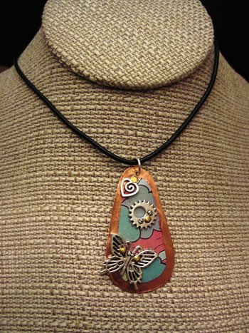 Recycled tin copper pendant with butterfly, gear, heart