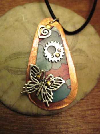 Recycled tin copper pendant with butterfly, gear, heart